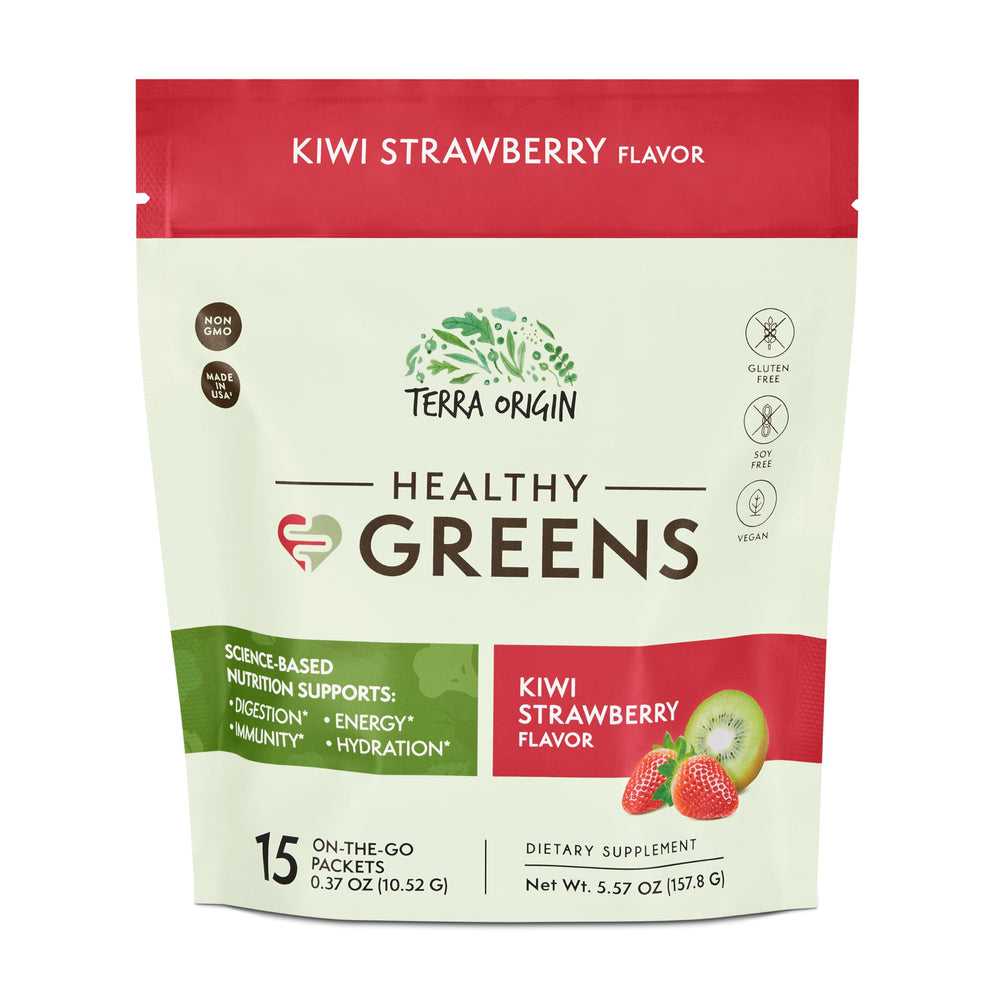 Terra Origin greens packets kiwi-strawberry on-the-go boost for daily nutrition.
