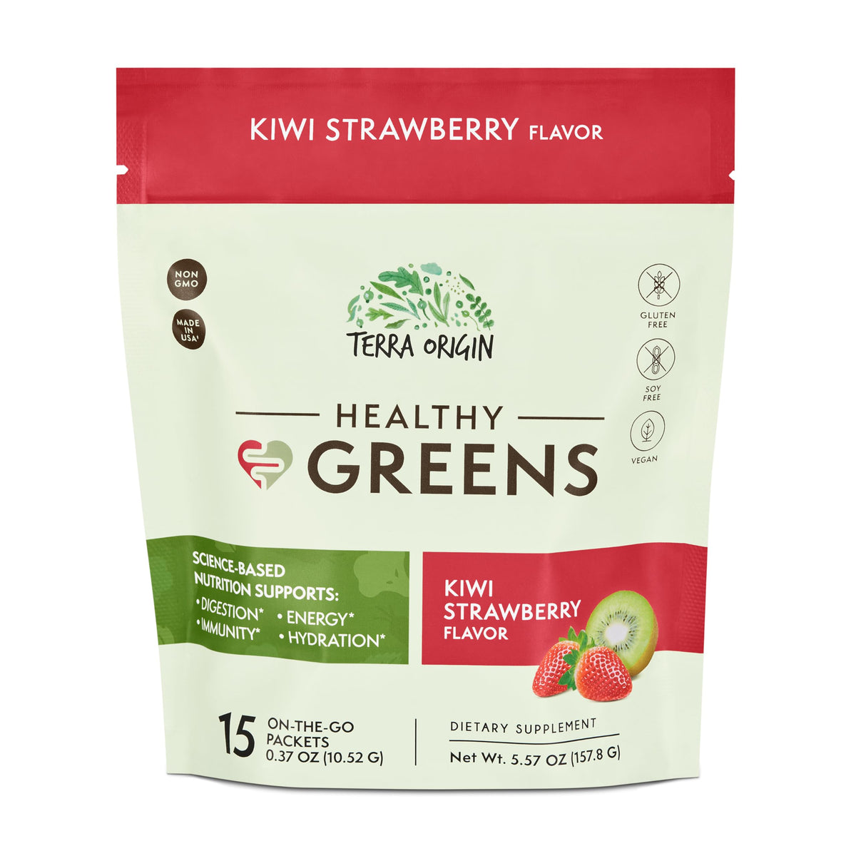 Terra Origin greens packets kiwi-strawberry on-the-go boost for daily nutrition.