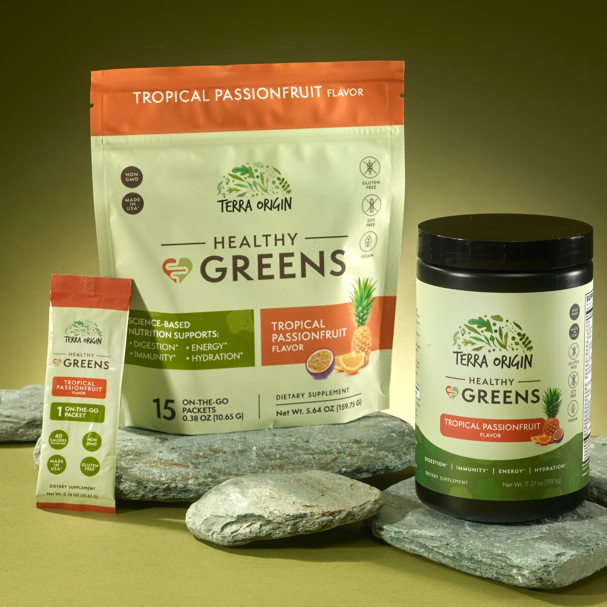 Terra Origin Greens Powder pouring into liquid for quick hydration.
