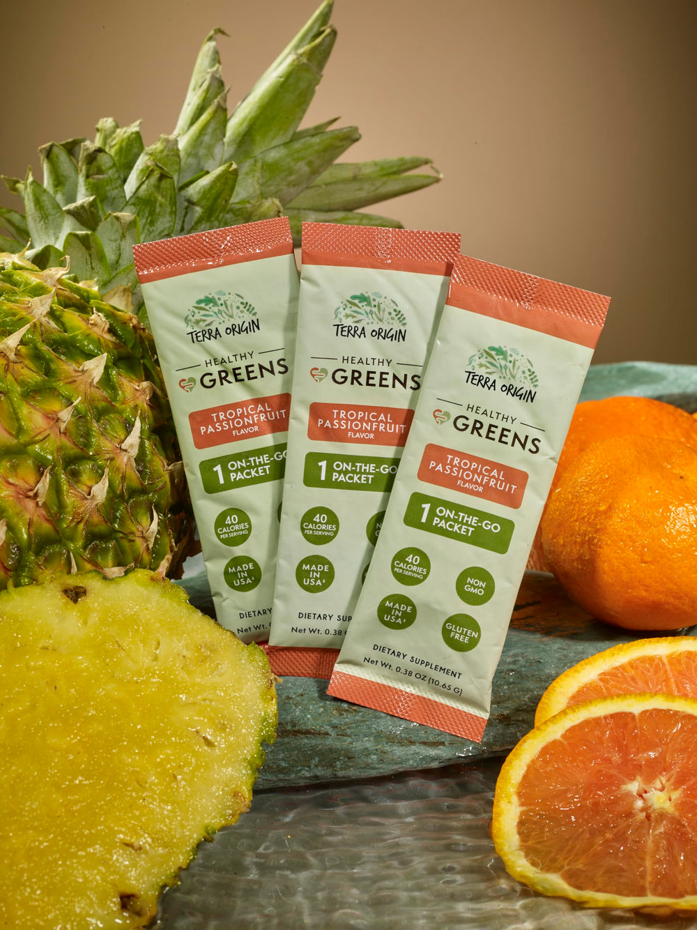Terra Origin Greens Powder smoothie creation showing a vibrant nutrition boost.