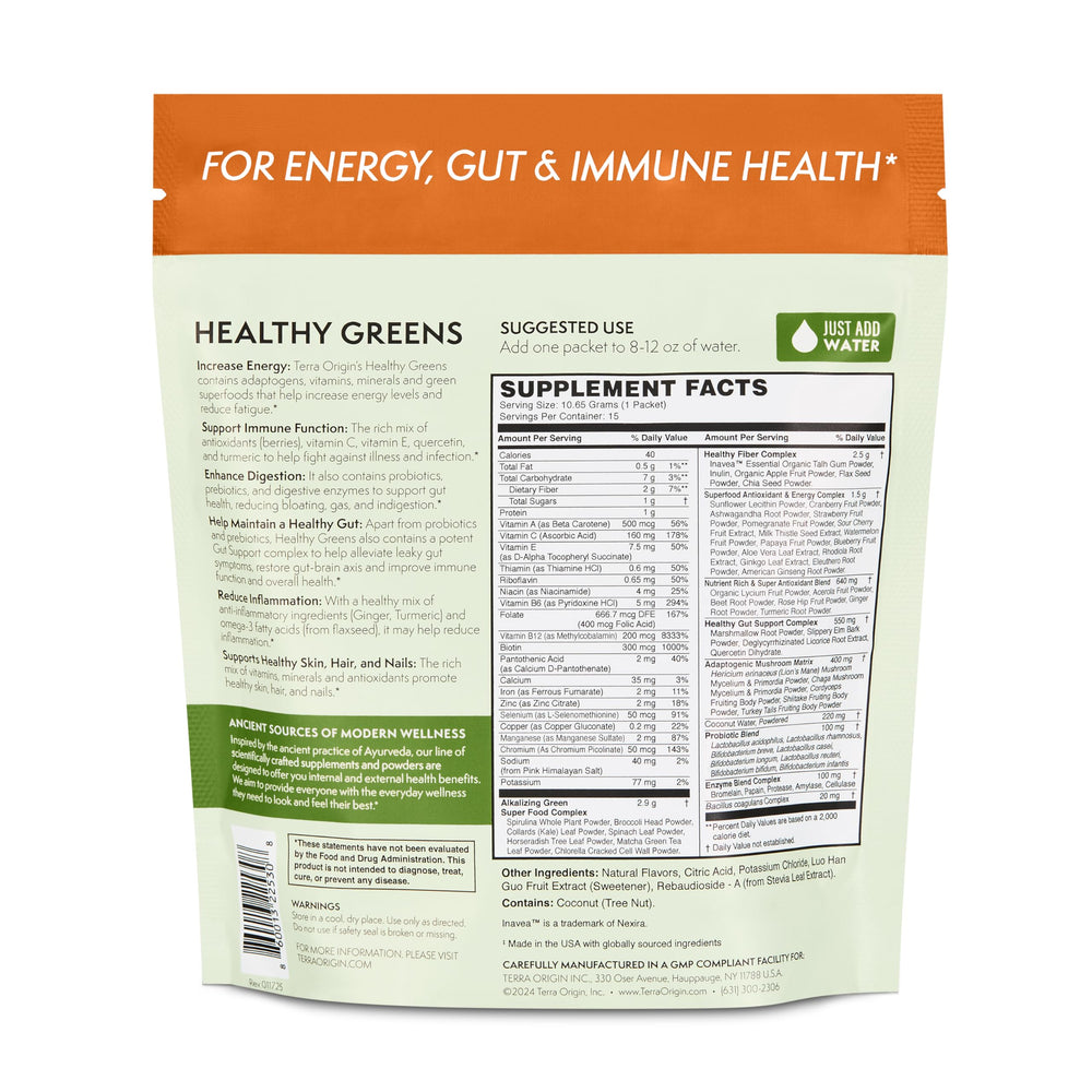 Terra Origin Greens Powder spirulina chlorella blend adds green superfood richness.