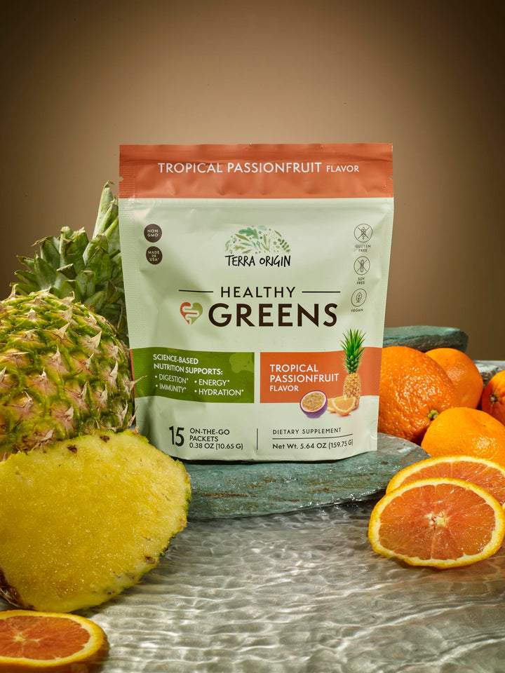 Terra Origin Greens Powder spoon measuring for easy daily portion control.