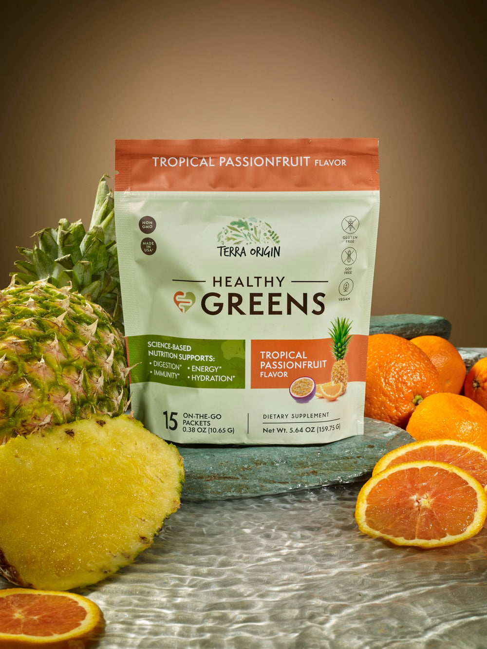 Terra Origin Greens Powder spoon measuring for easy daily portion control.