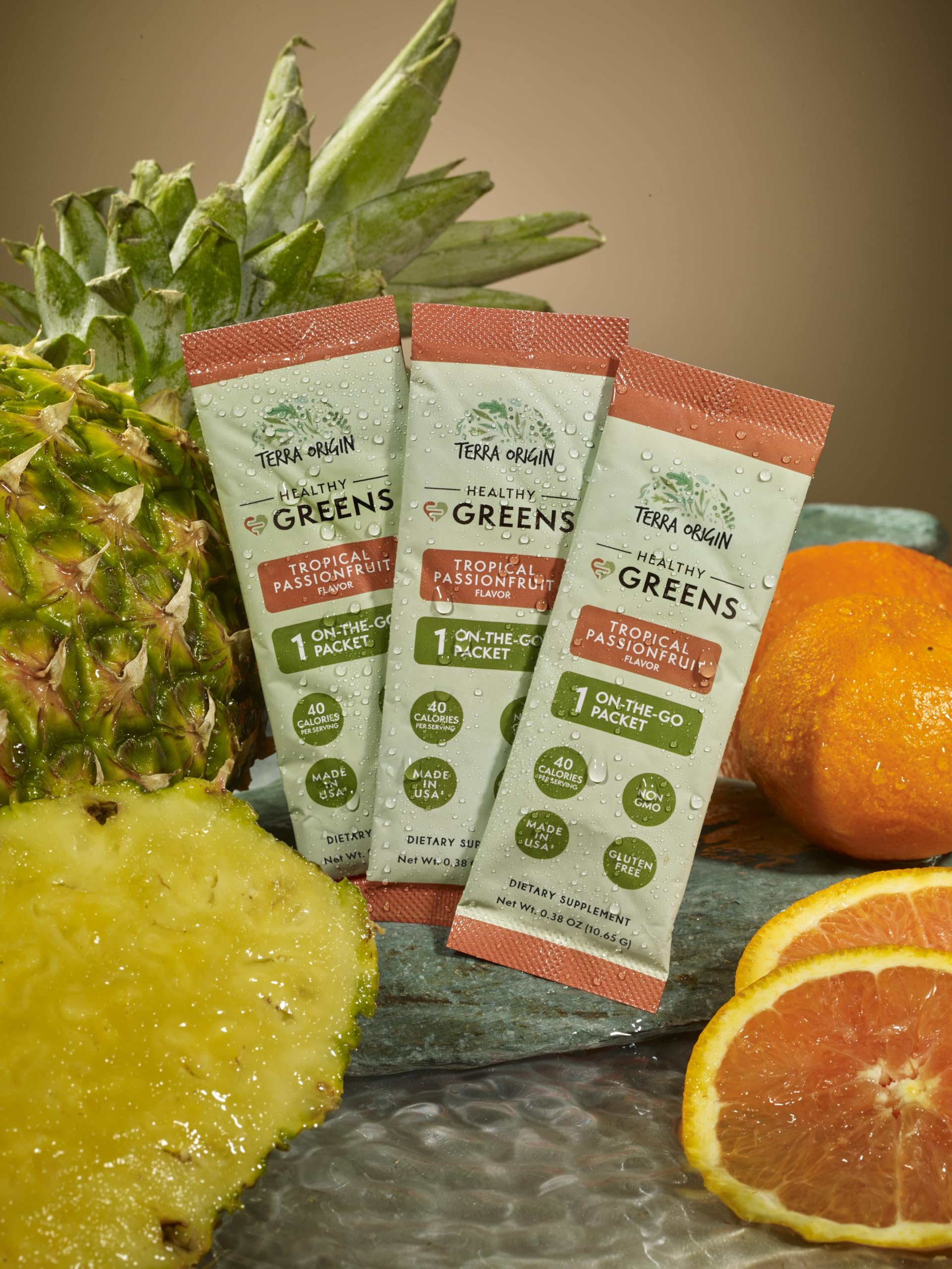 Terra Origin Greens Powder stick packets offering convenient on-the-go wellness.