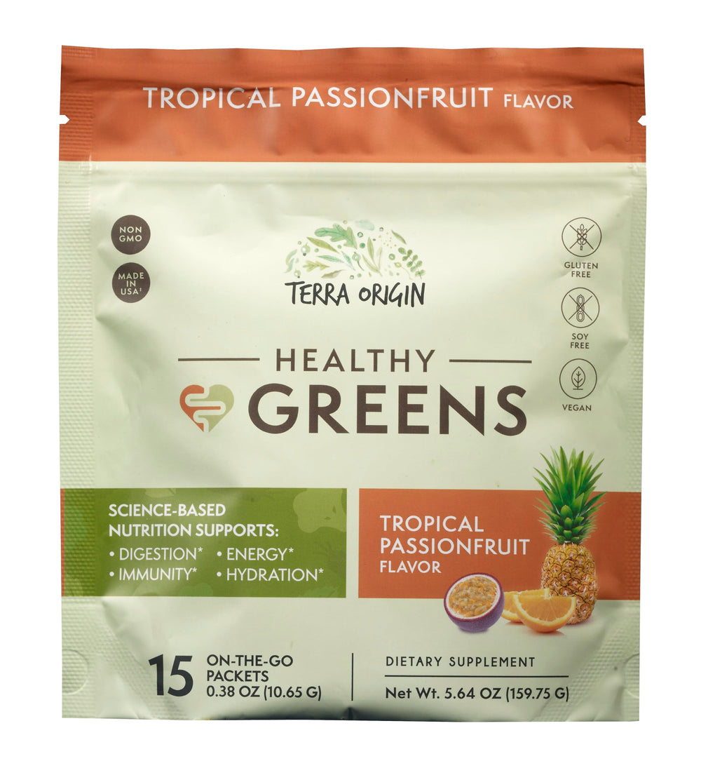 Terra Origin Greens Powder travel-pack ready for easy mornings away from home.