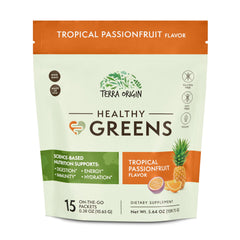 Terra Origin Greens Powder jar with tropical passionfruit flavor for daily nutrition.