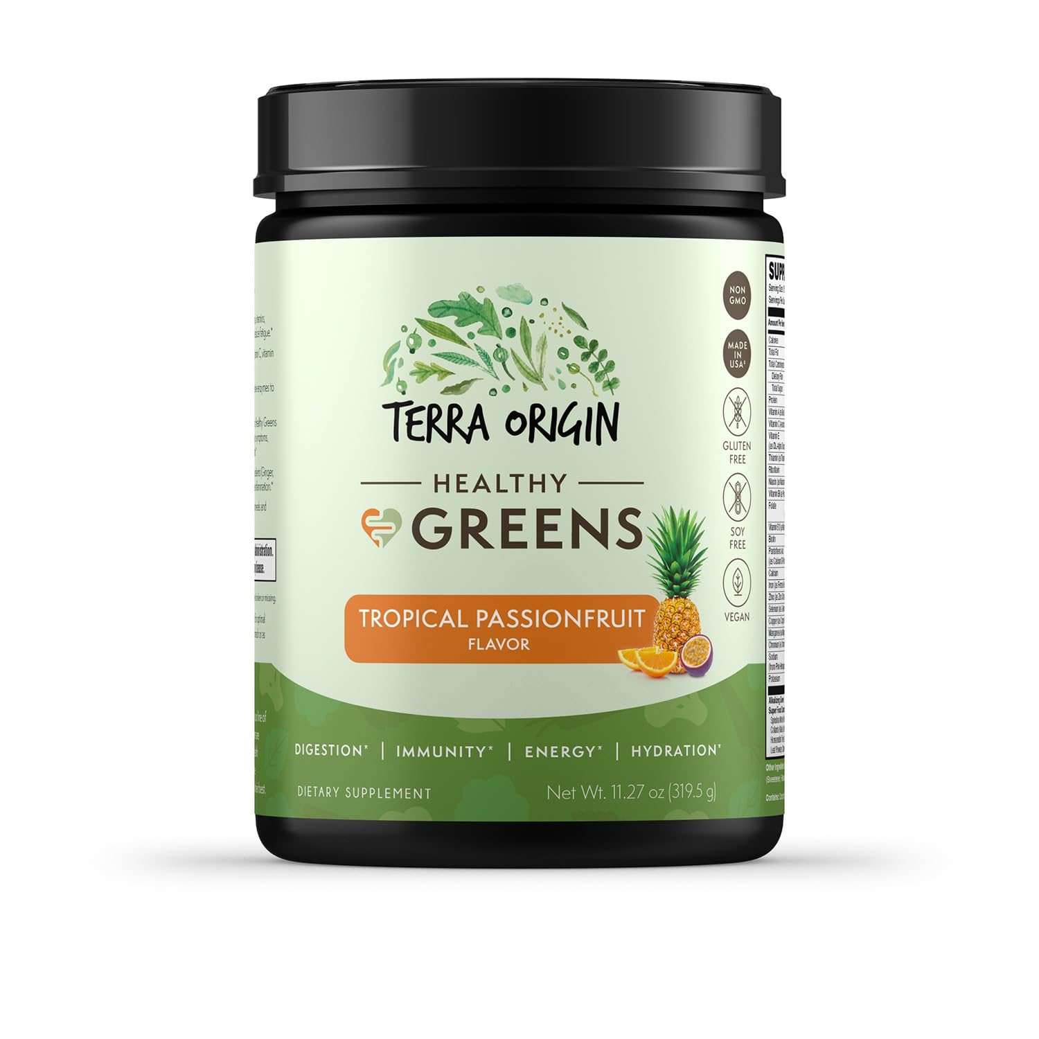 Terra Origin Healthy Greens bottle with tropical passion fruit flavor for daily wellness