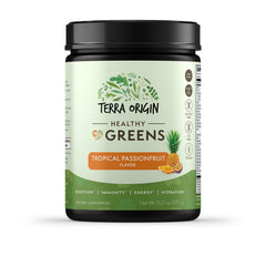 Terra Origin Healthy Greens bottle with tropical passion fruit flavor for daily wellness