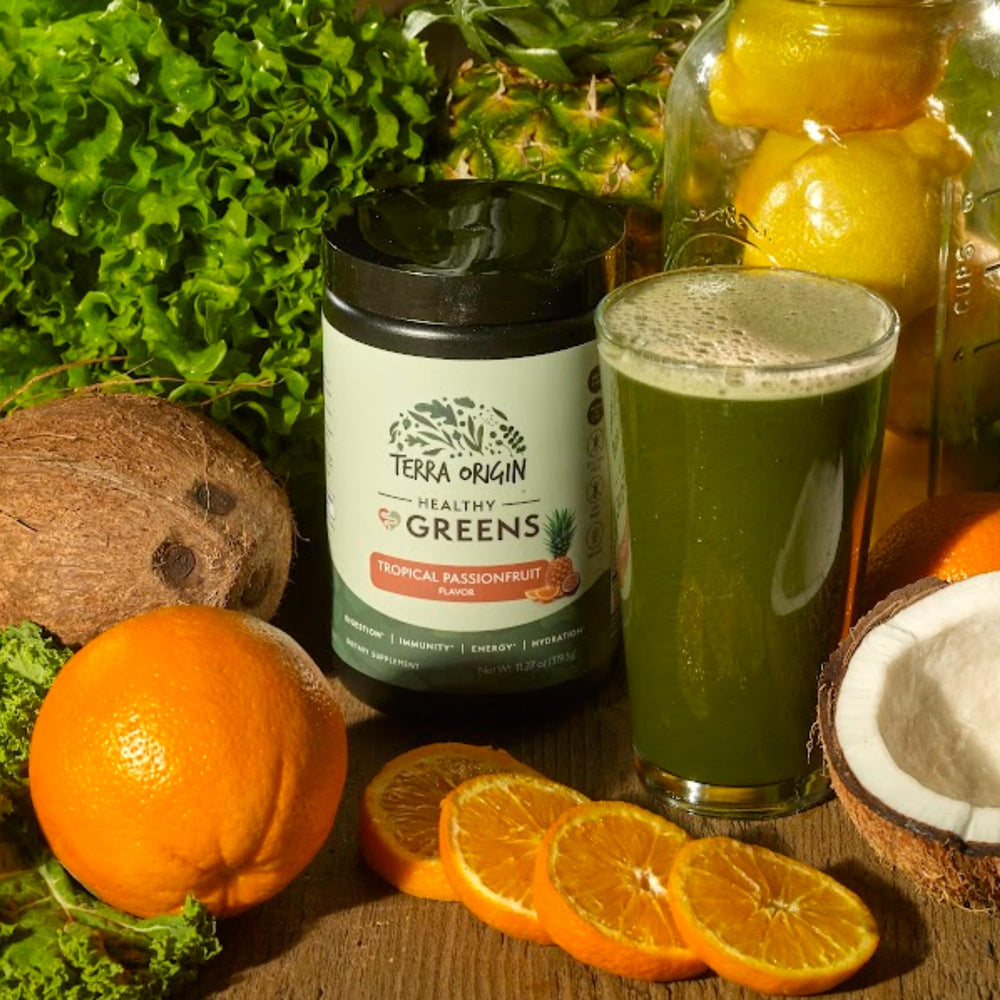 Terra Origin Healthy Greens in a glass on breakfast table for daily use
