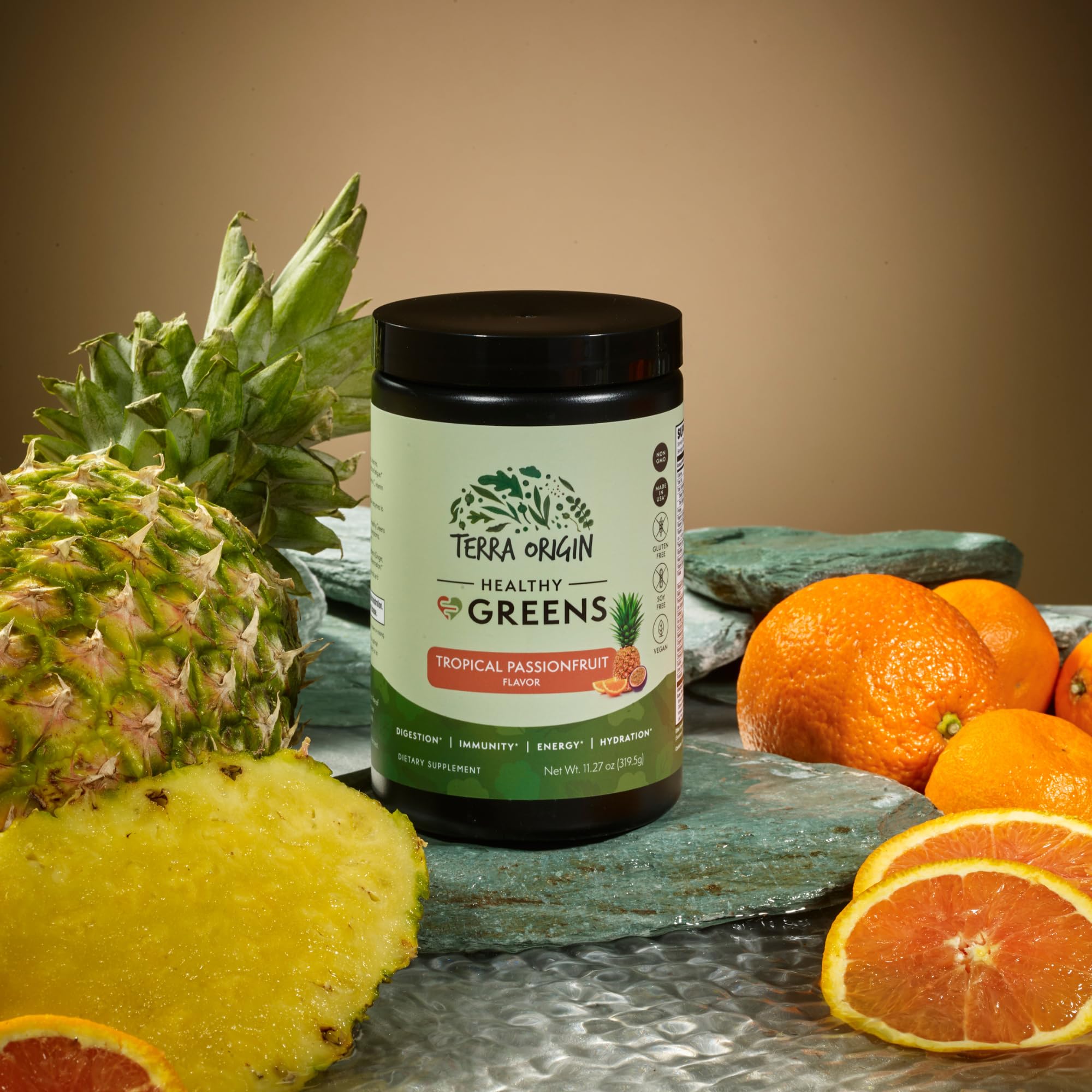 Close-up of Terra Origin Healthy Greens ingredients like greens and beetroot for balanced nutrition