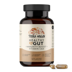 Terra Origin Healthy Gut Capsules bottle pouring for daily digestive support