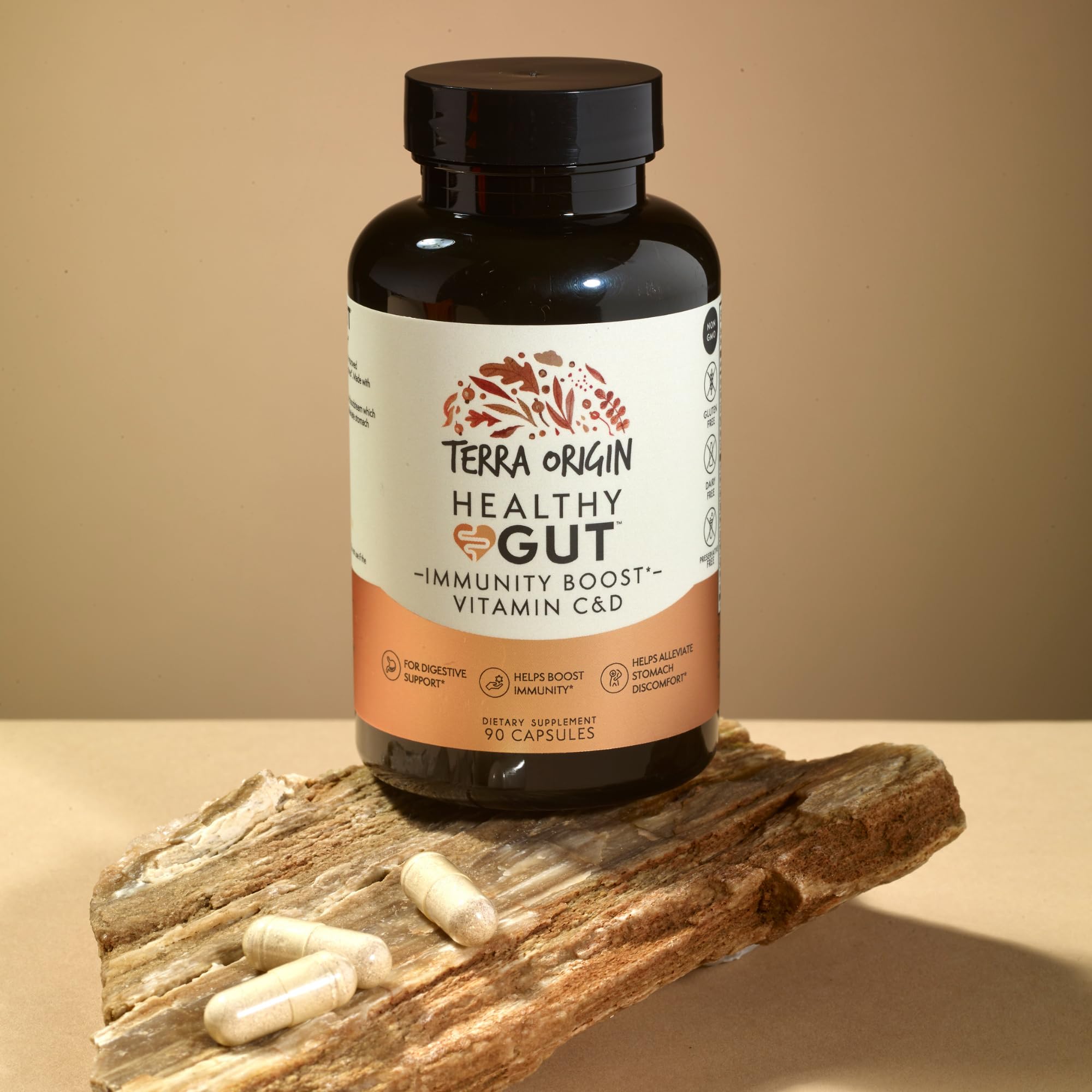 Terra Origin Healthy Gut Capsules close up showing capsule texture