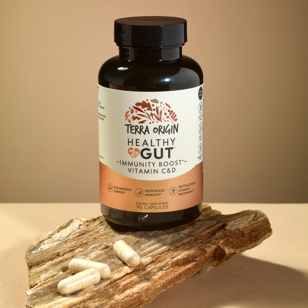 Terra Origin Healthy Gut Capsules close up showing capsule texture