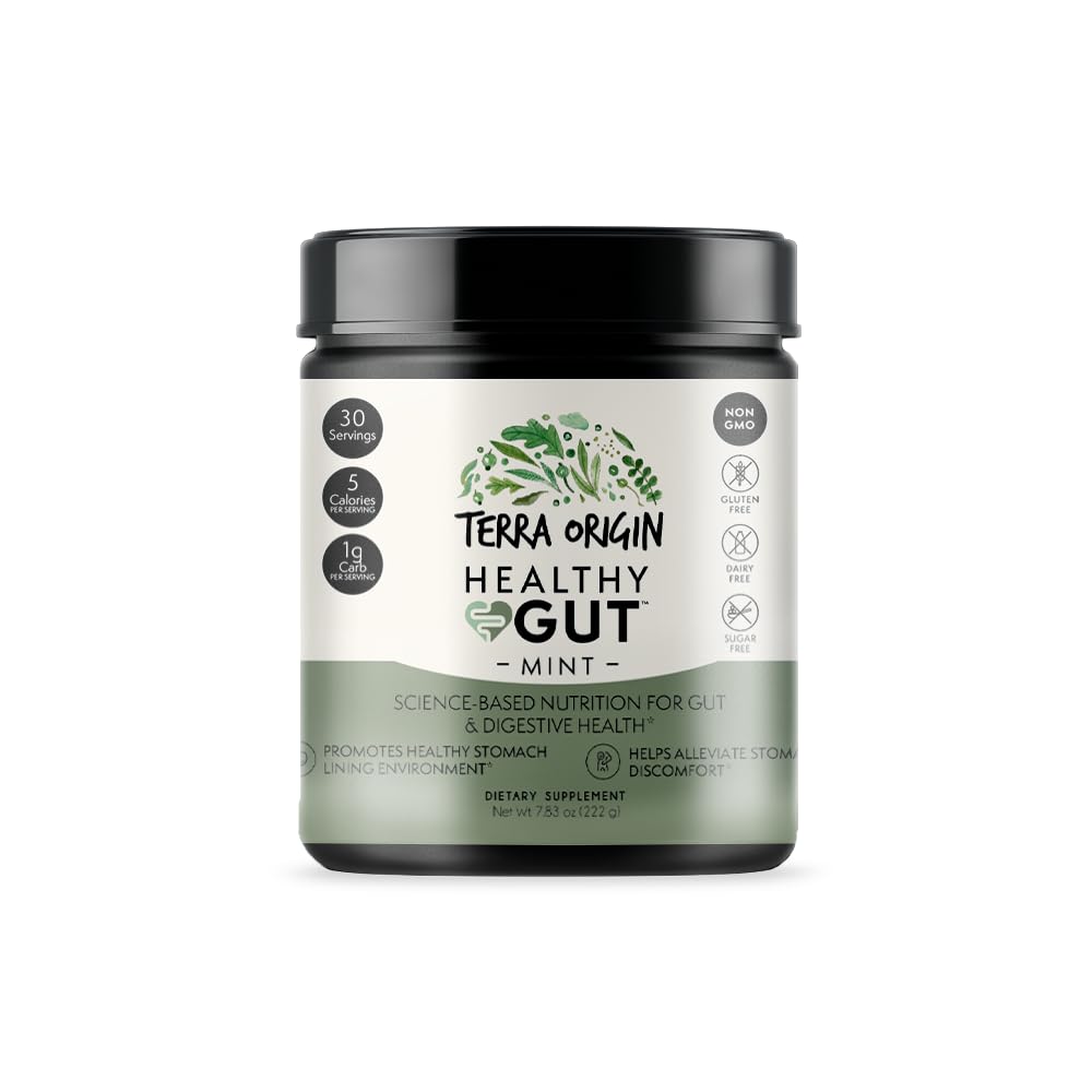 Terra Origin Healthy Gut mint flavor tub on a kitchen counter may support digestion.