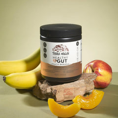 Terra Origin bottle with scoop shows convenient daily gut support.
