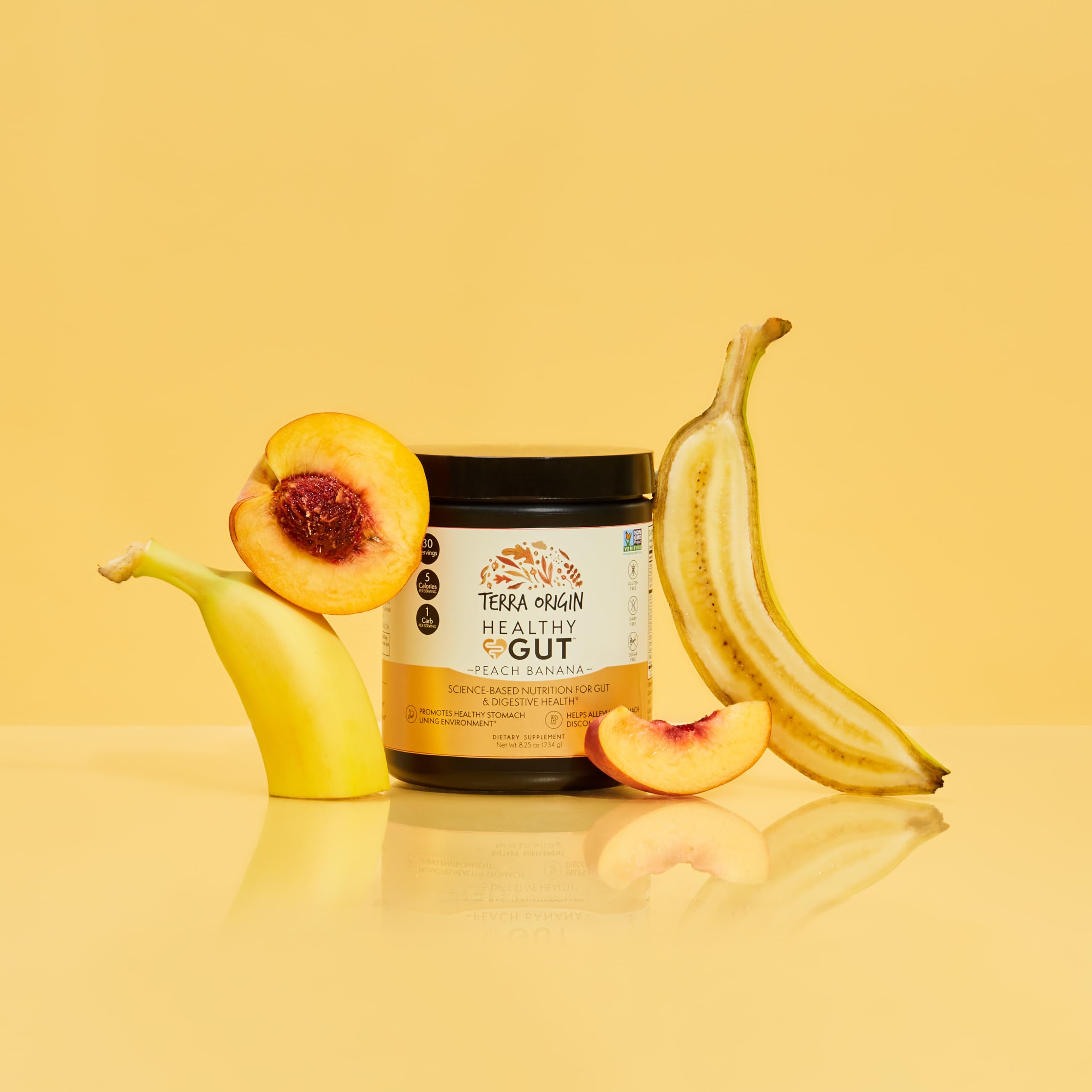 Non-GMO, gluten-free Terra Origin Healthy Gut powder is low calorie.