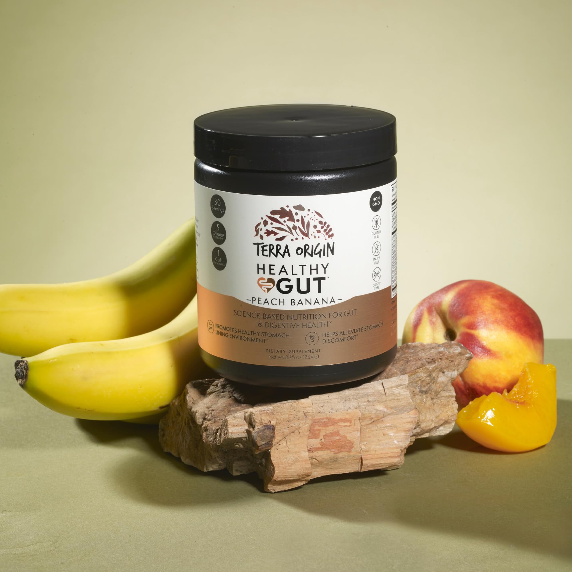 Peach Banana flavor powder from Terra Origin ready to mix in smoothies.