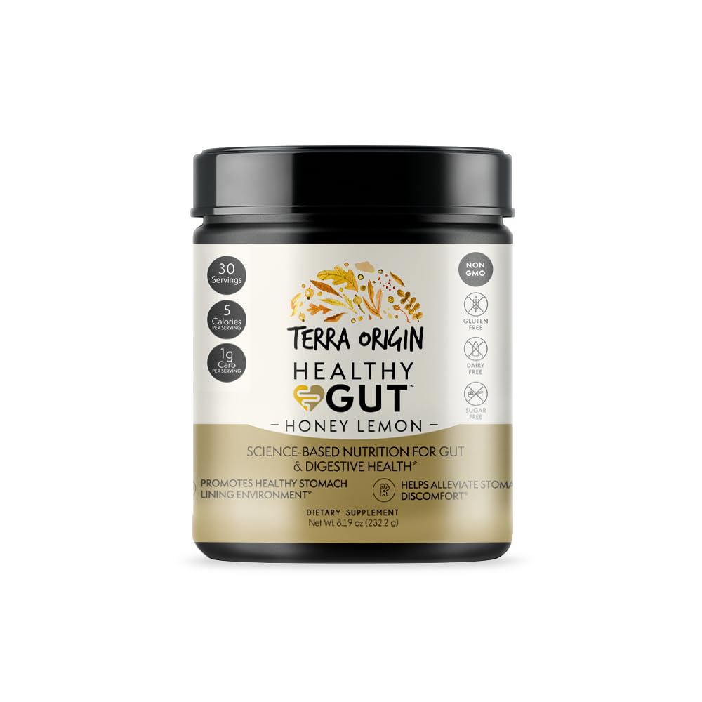 Terra Origin Healthy Gut Powder bottle with honey lemon flavor for digestion support.