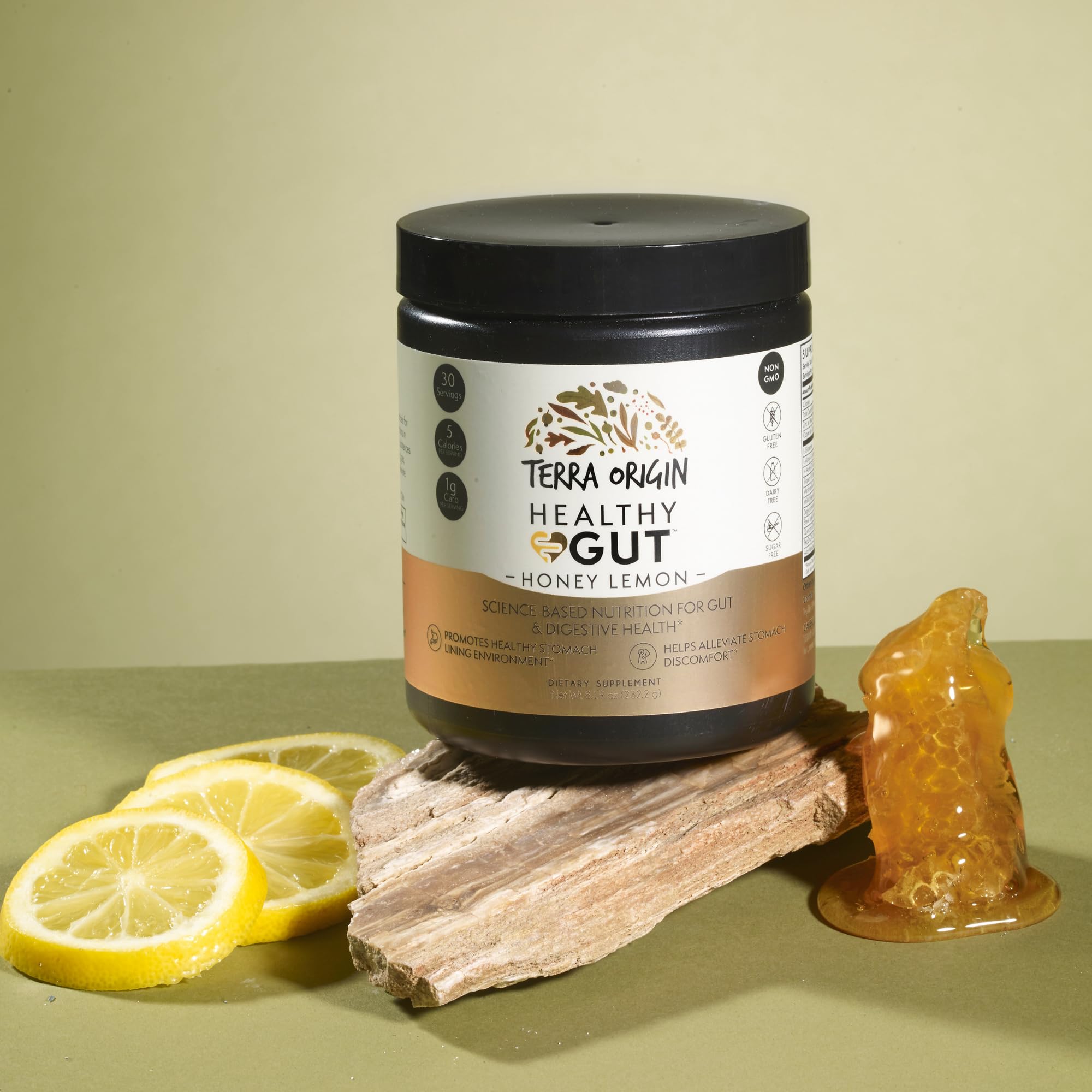 Front packaging of Terra Origin Healthy Gut Powder on display.