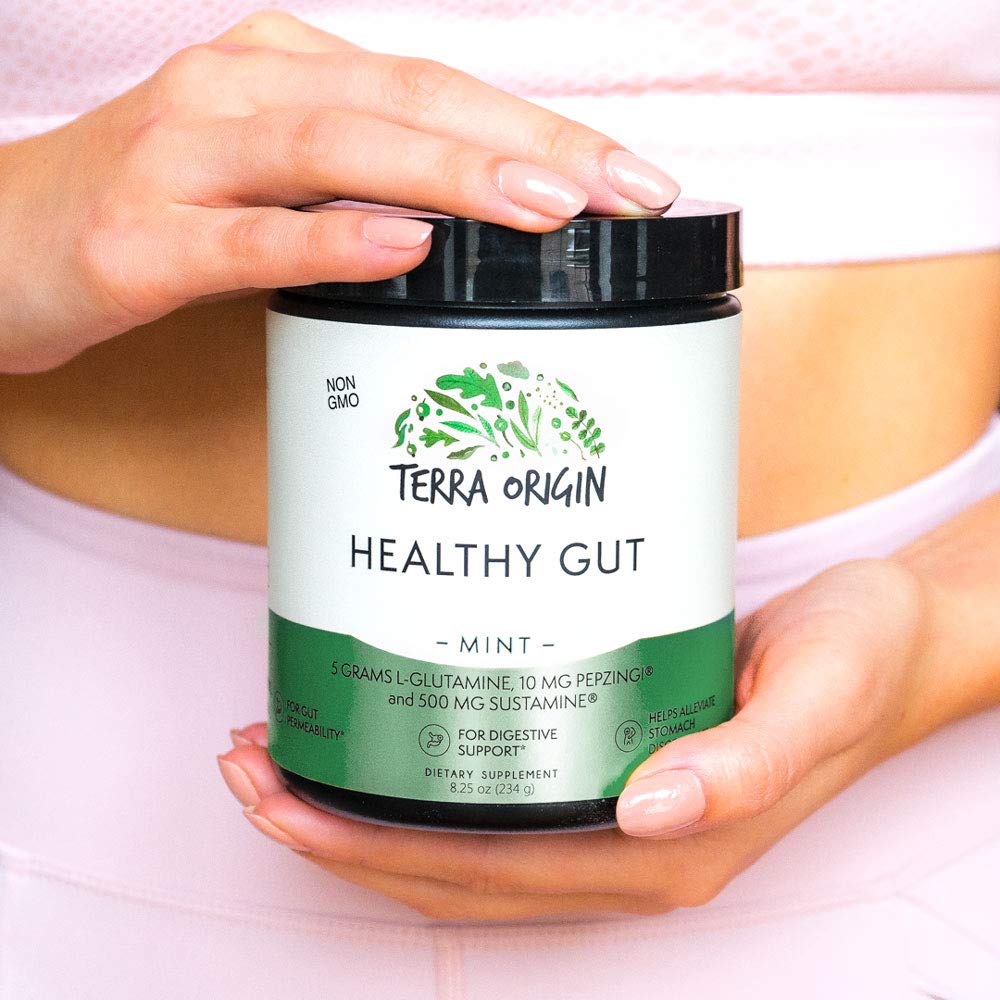 Terra Origin Healthy Gut slippery elm bark illustration emphasizes soothing herbal notes.