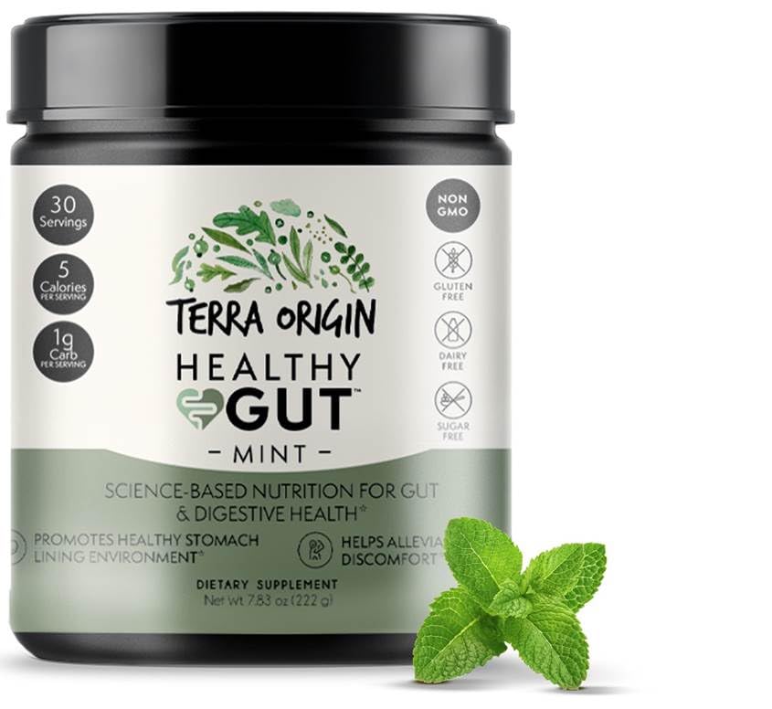 Terra Origin Healthy Gut USA-made label emphasizes quality and clean production.