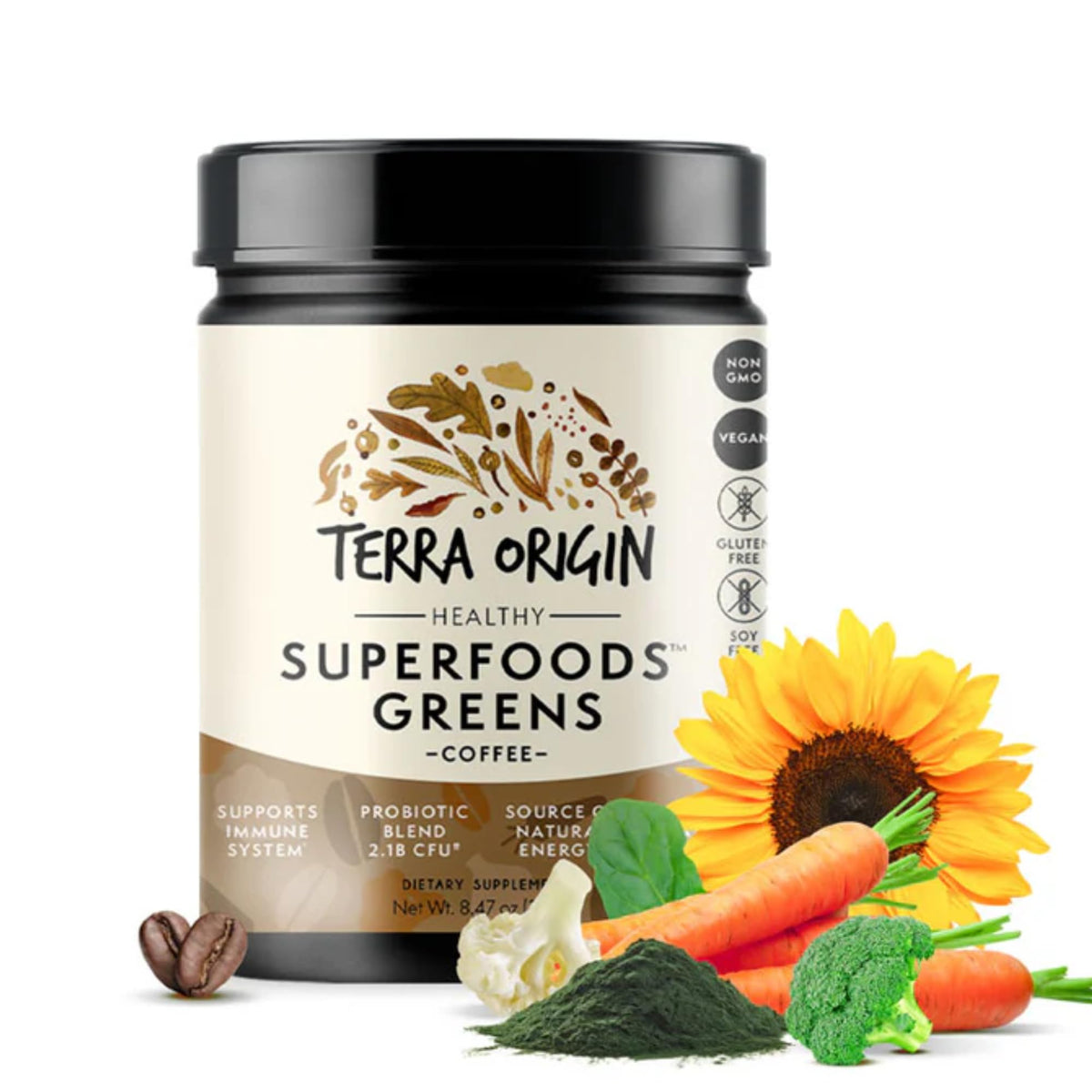 Terra Origin Superfoods Greens Blend bottle boosts daily greens intake.
