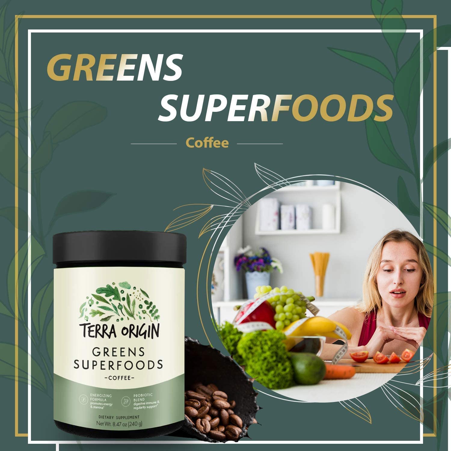 Terra Origin Greens Blend ingredient spread showcases kale, spinach, and chlorella.