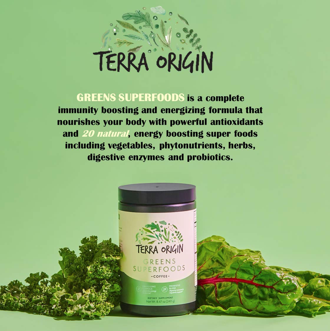 Terra Origin Greens Blend on kitchen counter for quick morning routine.