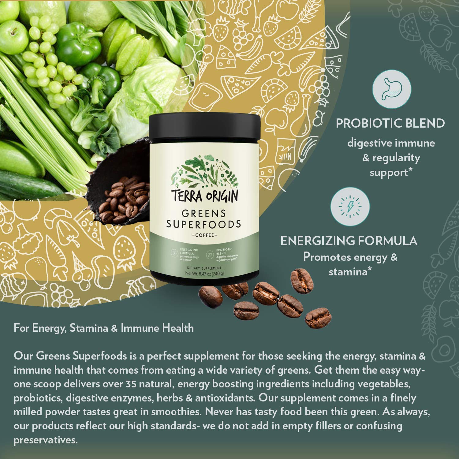 Terra Origin Greens Blend label close-up confirms vegan, gluten-free ingredients.