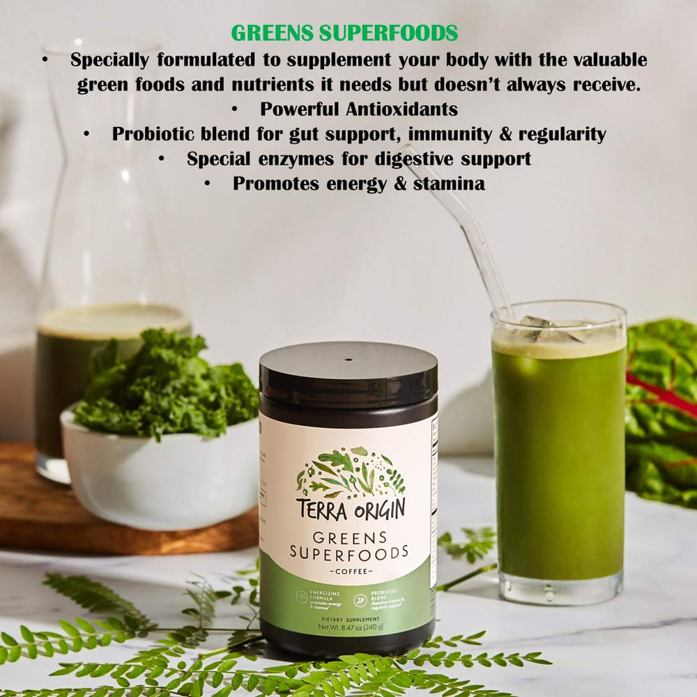 Terra Origin Greens Blend lifestyle shot conveys balance and energy.