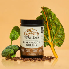 Terra Origin Greens Blend powder container signals convenient, plant-based nutrition.