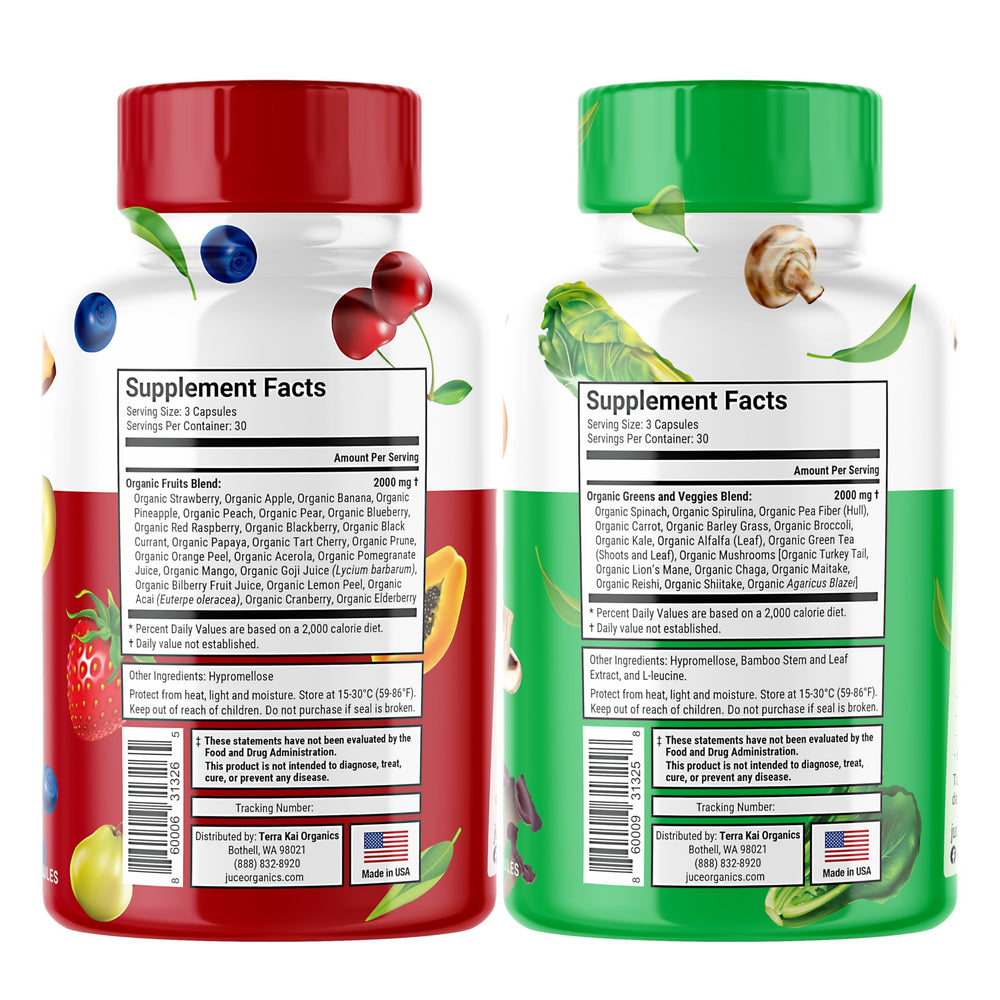 Terra Kai Juce Original Formula label closeup highlighting 46 plant sources.