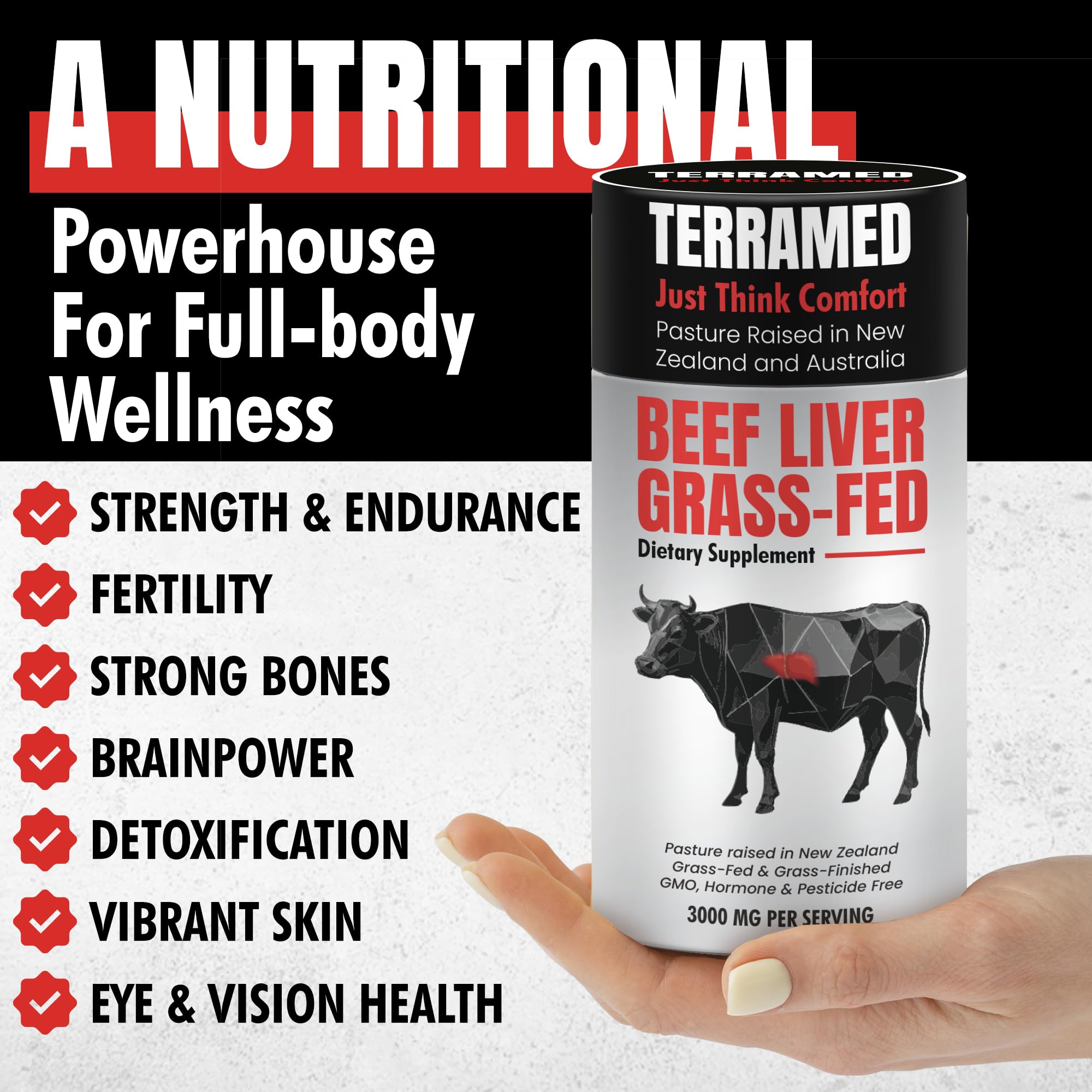 Terramed Just Think Comfort label close-up highlights non-GMO, hormone-free ingredients