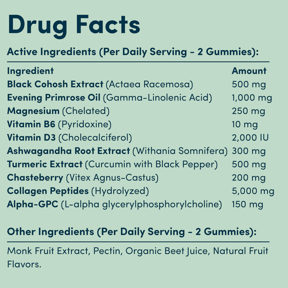 Terramed Just Think Comfort perimenopause gummies label close-up highlighting vegan formula.