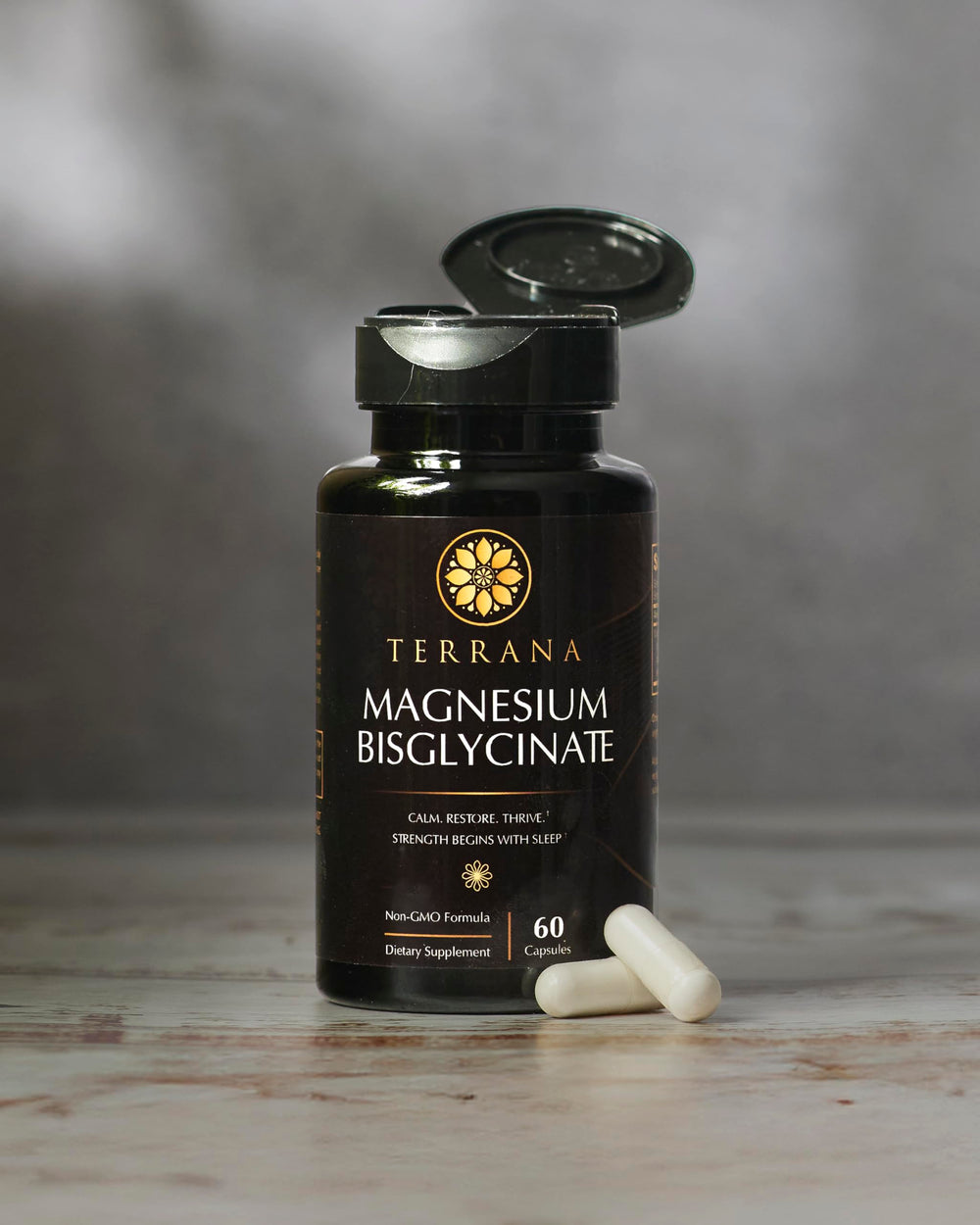 Terrana Magnesium Bisglycinate bottle shown from the front for easy daily use