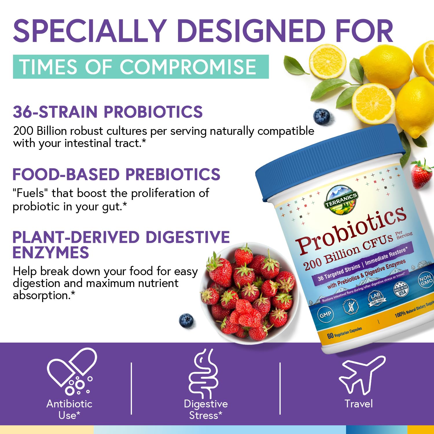 Terranics 3 in 1 formula with probiotics, prebiotic fiber, and enzymes.