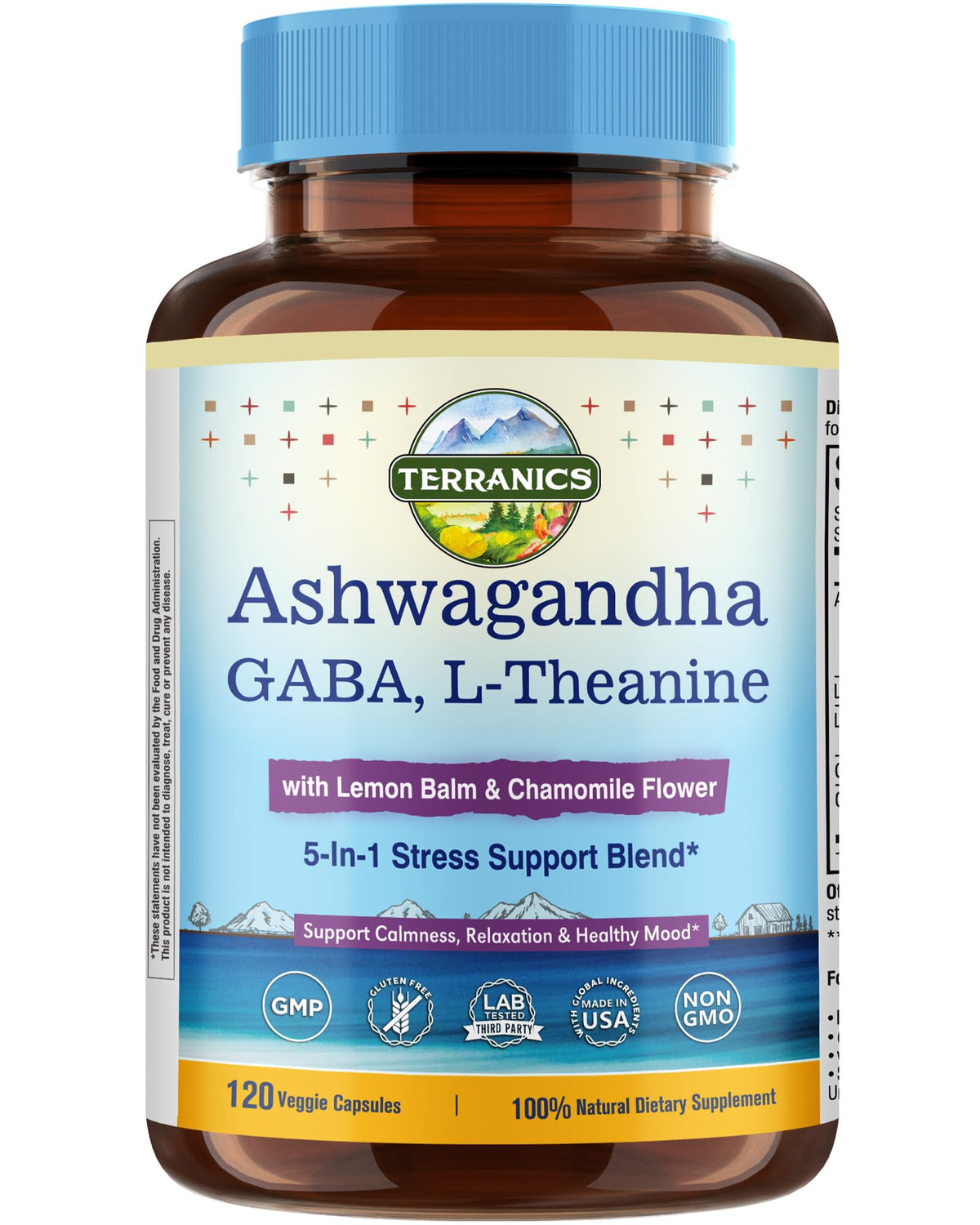 Terranics Ashwagandha L-Theanine bottle on desk for calm focus