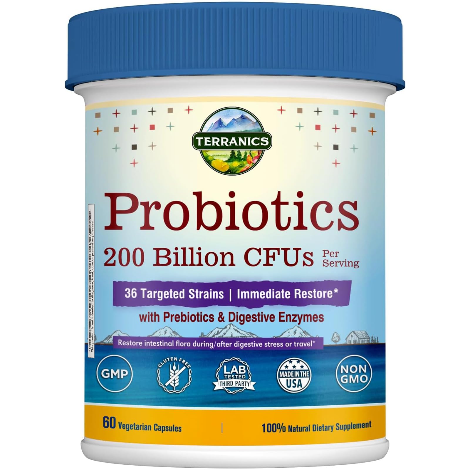 Terranics Daily Probiotics bottle front for daily gut balance.