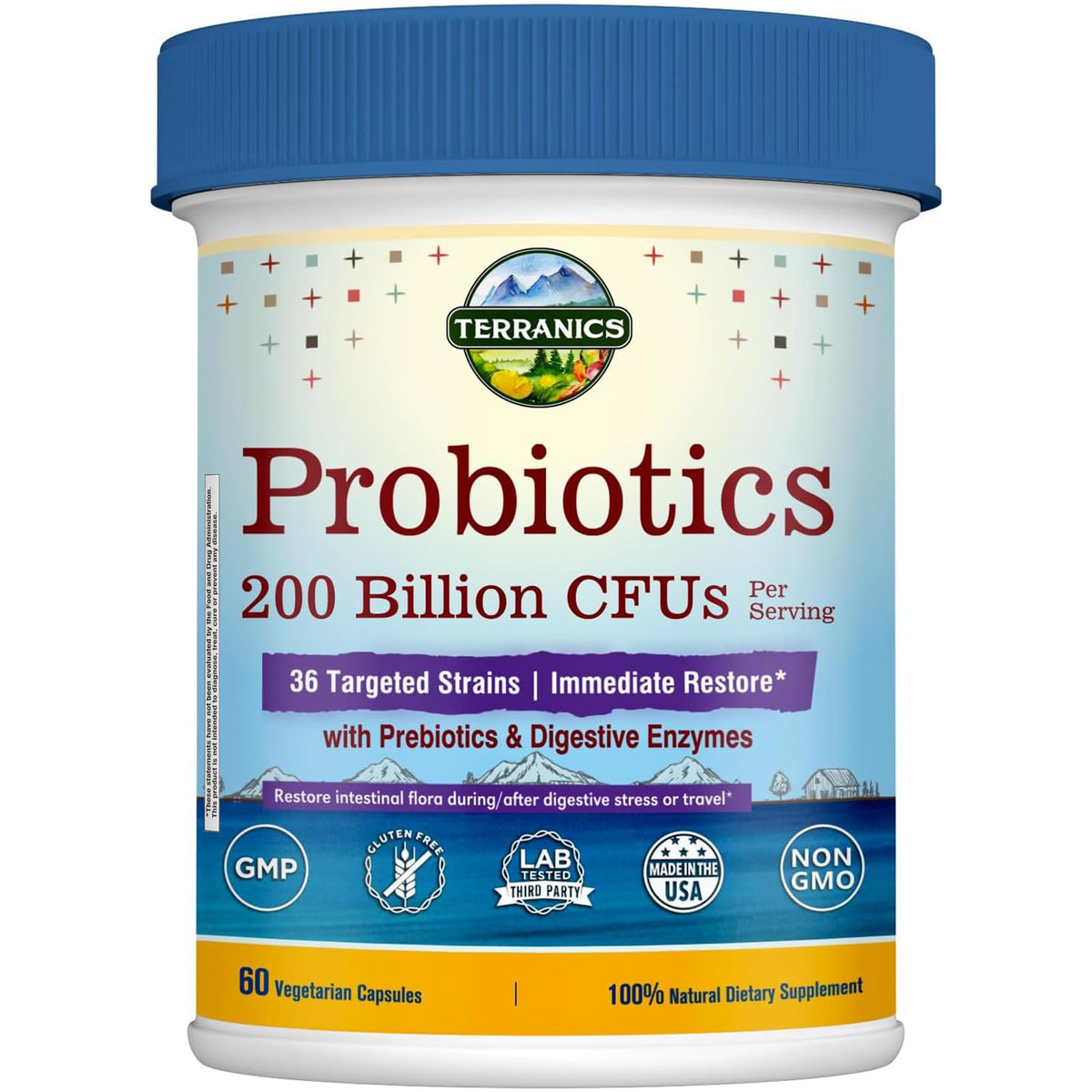 Terranics Daily Probiotics bottle front for daily gut balance.