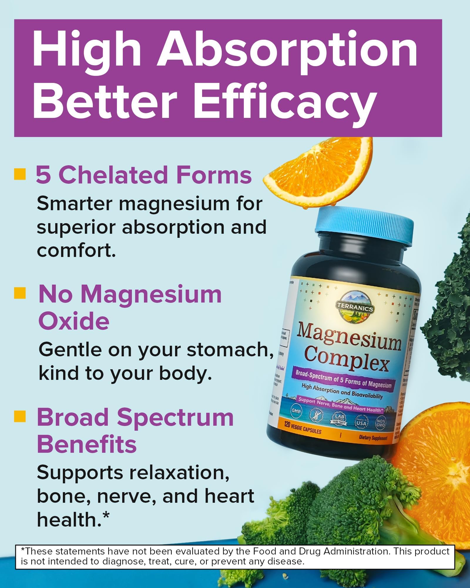 Terranics magnesium complex bottle on shelf shows non-GMO and vegan capsules