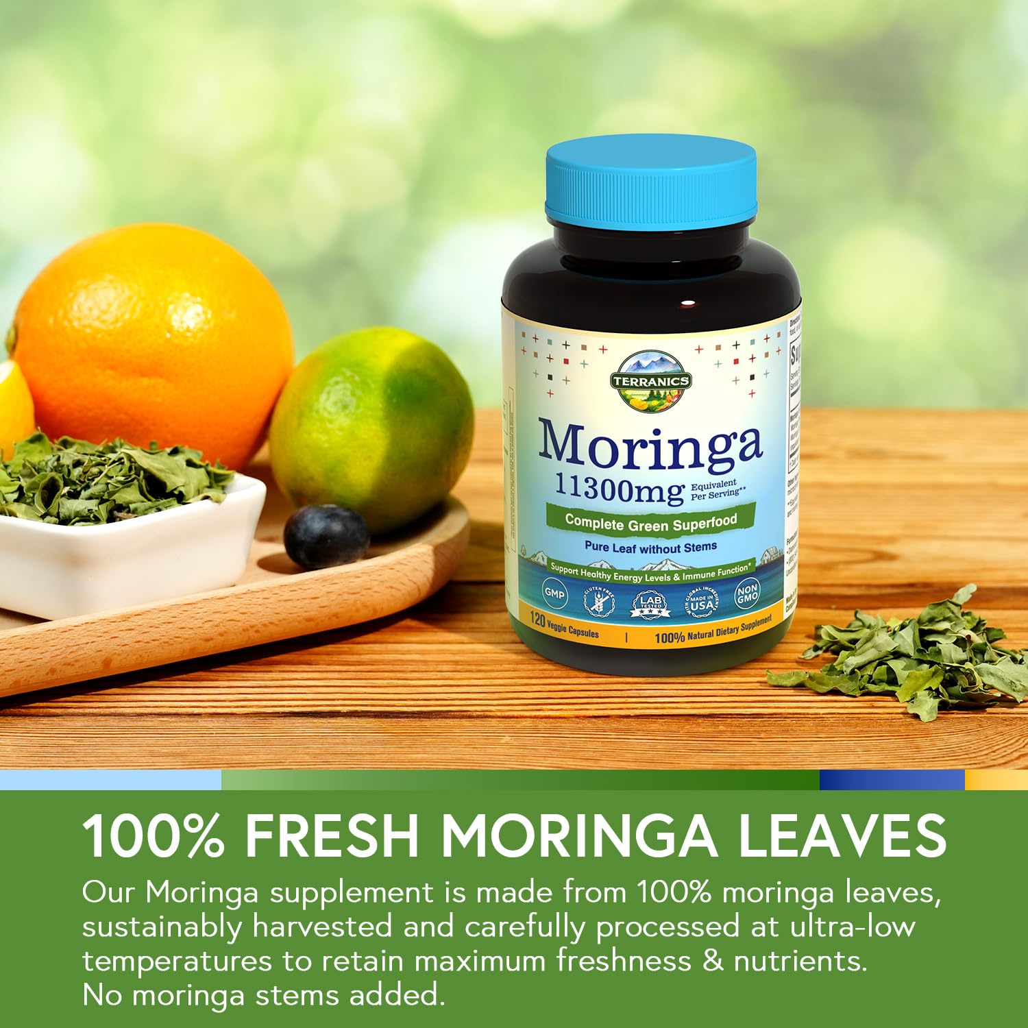 Terranics Moringa capsules with leaves, capsules next to greens