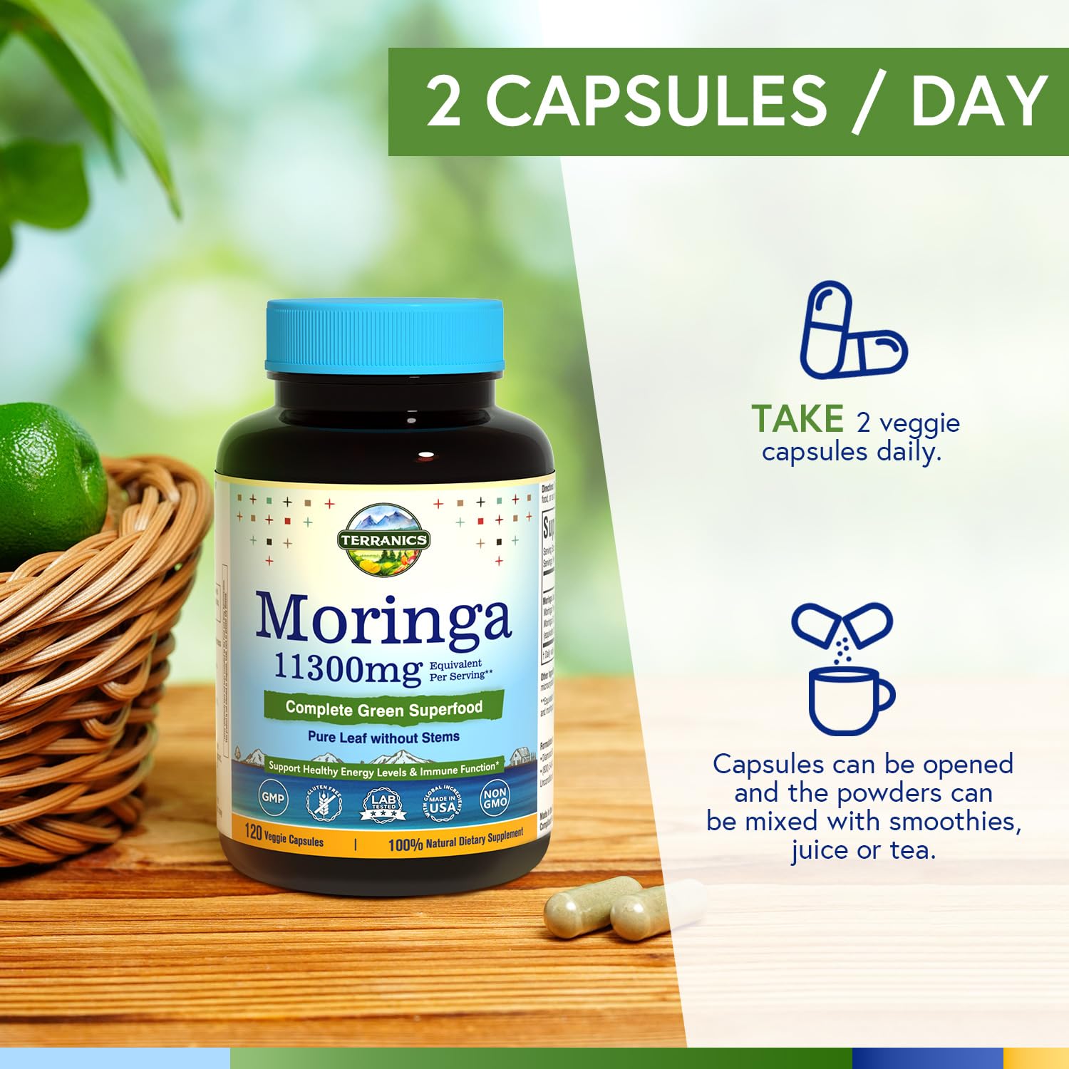 Terranics Moringa capsules on white surface, caffeine-free energy booster