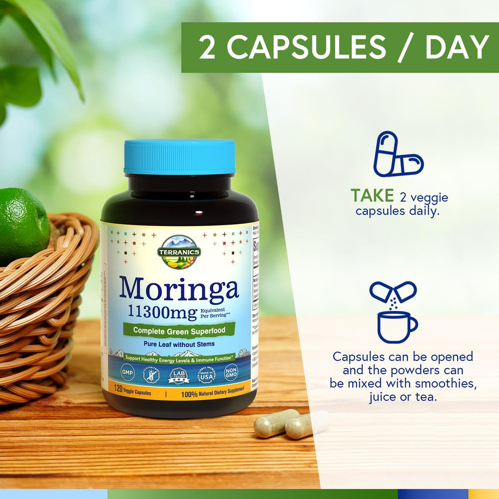 Terranics Moringa capsules on white surface, caffeine-free energy booster