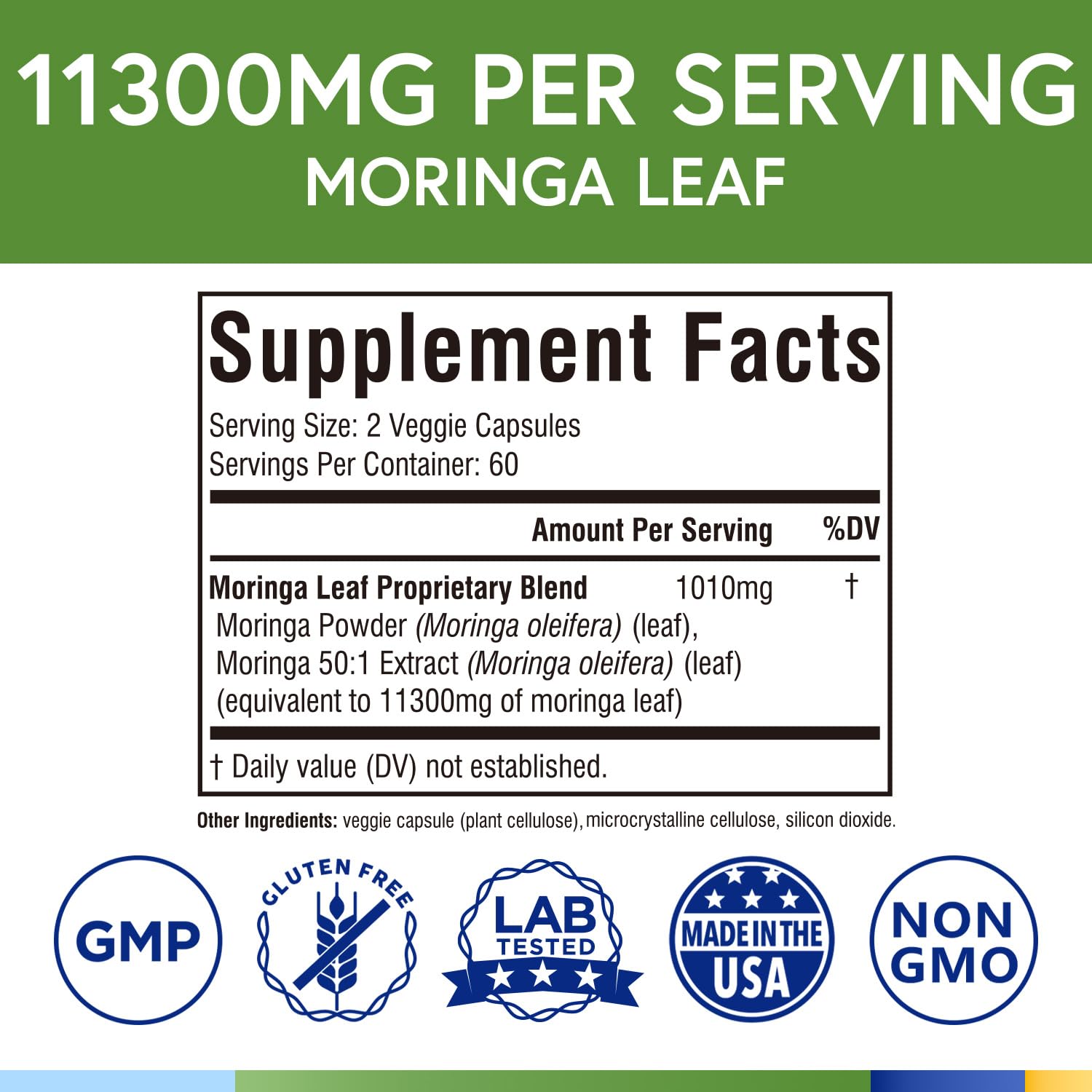 Terranics Moringa capsules label close-up, GMP-tested and gluten-free