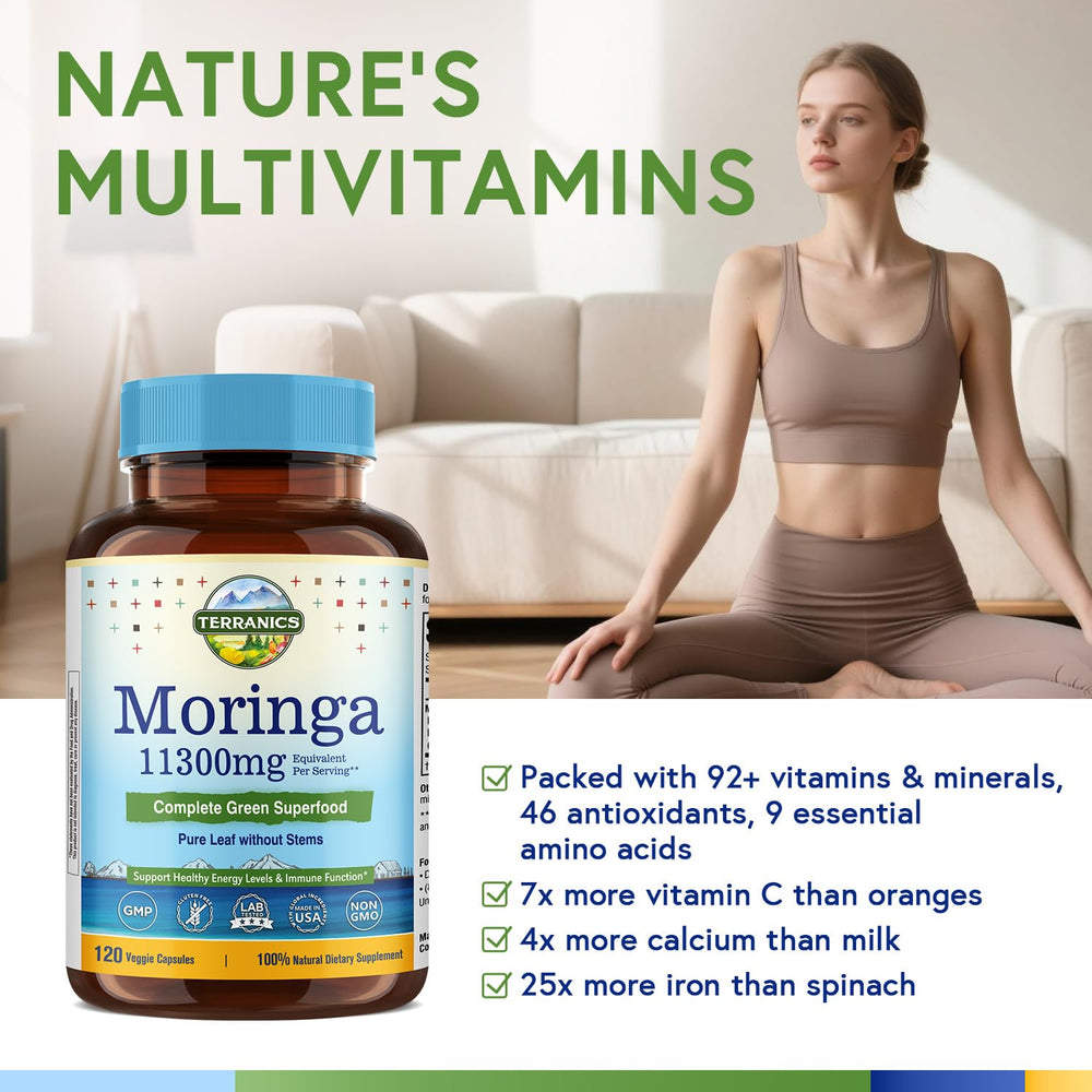 Terranics Moringa capsules beside moringa leaves, pure plant nutrition