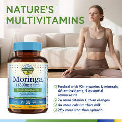 Terranics Moringa capsules beside moringa leaves, pure plant nutrition