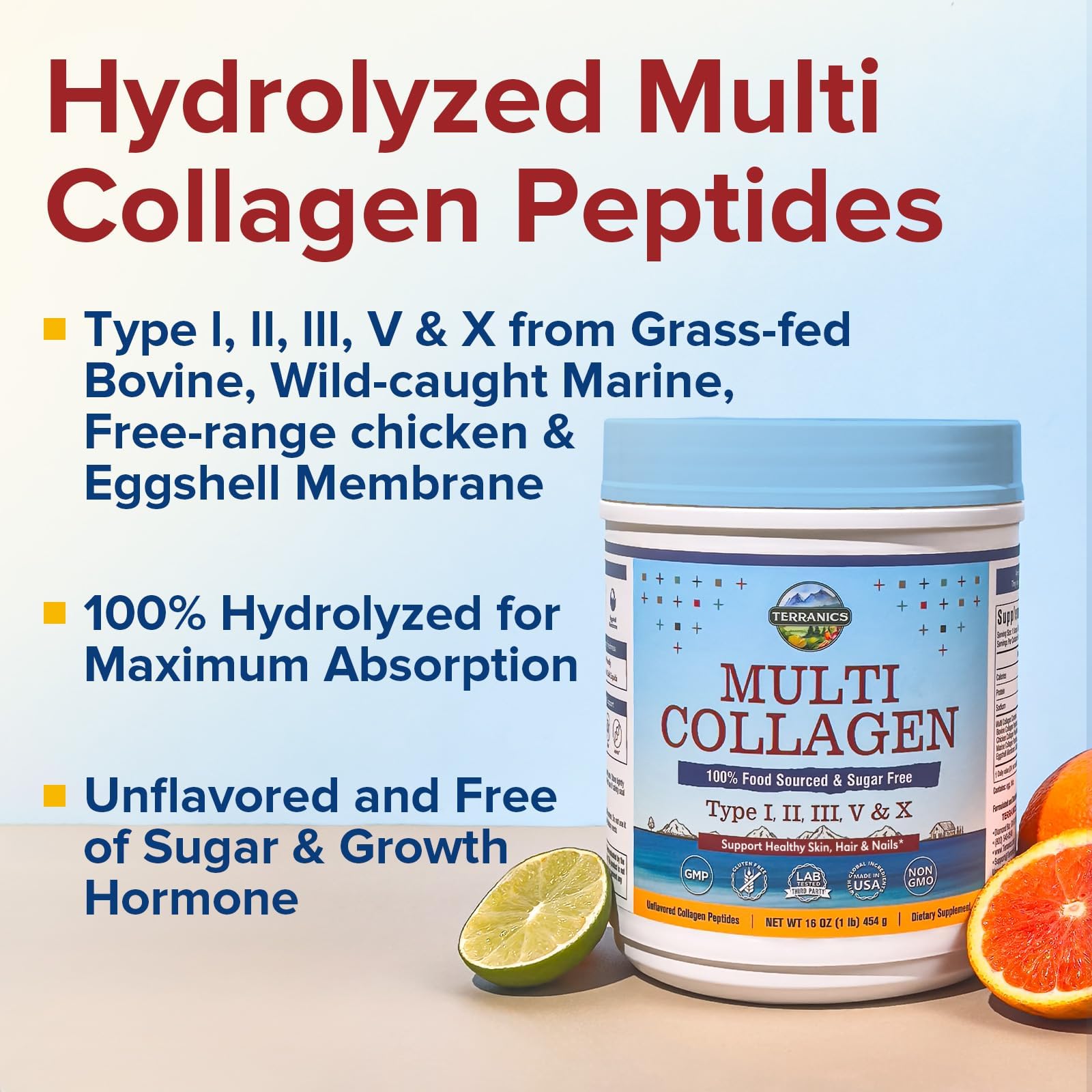 Terranics multi collagen powder ingredient label emphasizes purity and clean sourcing.