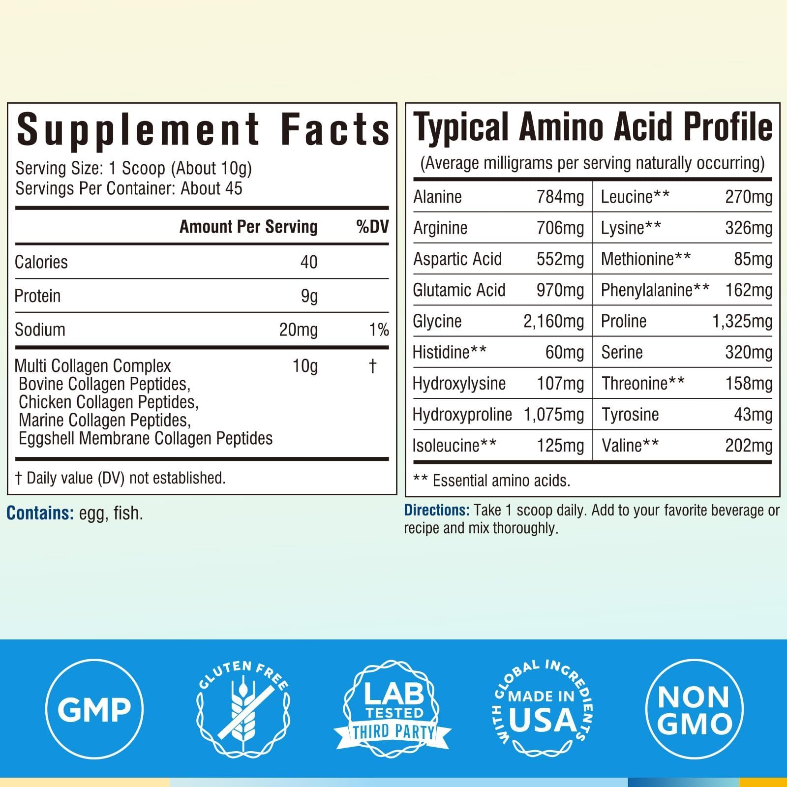 Terranics multi collagen peptides powder scoop shows a 10g serving for balanced intake.