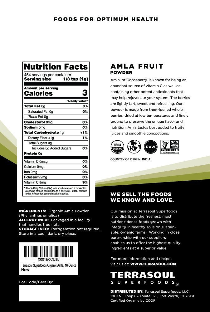 Terrasoul Amla powder with spoon ready to blend into smoothies