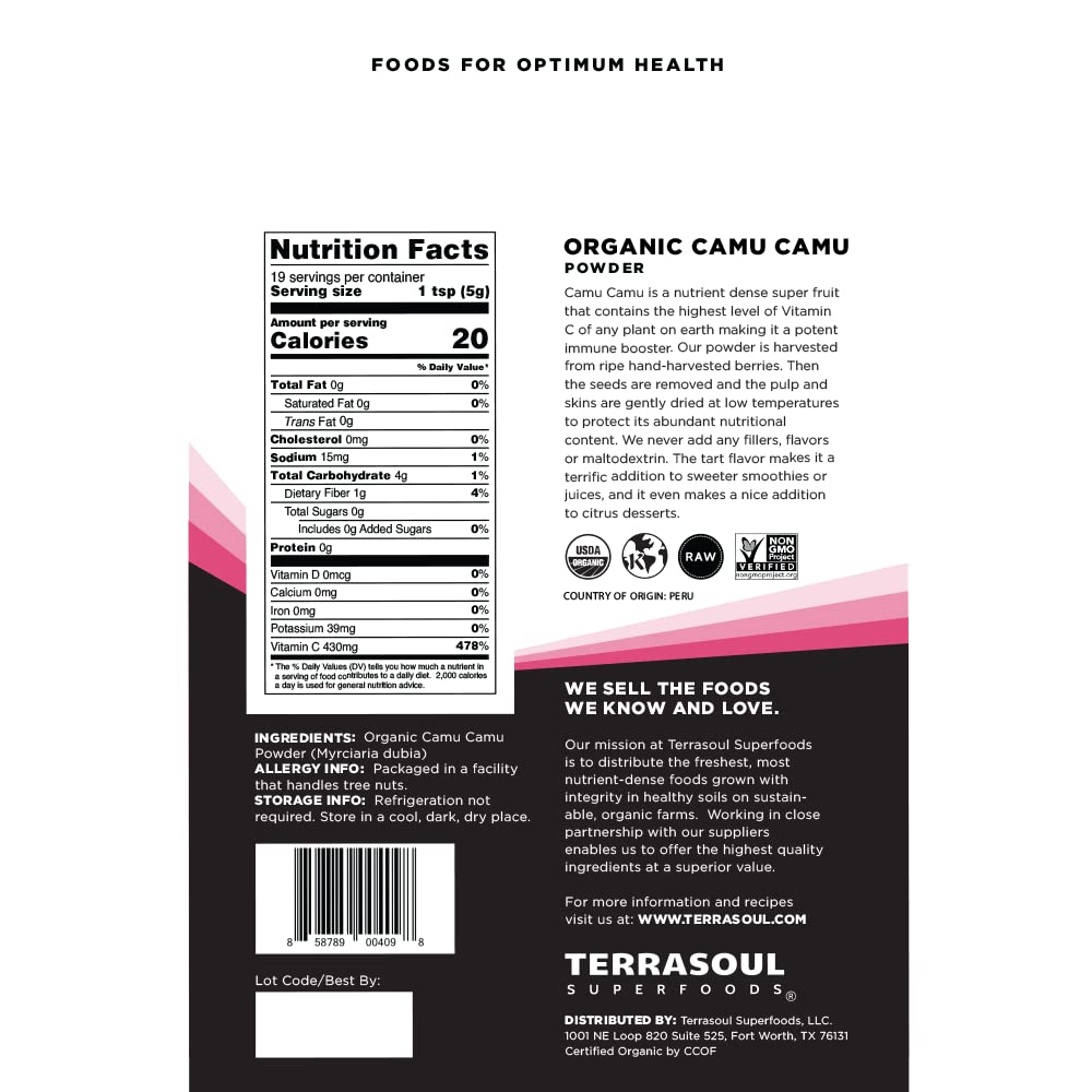 Terrasoul Camu Camu powder in resealable bag for gluten-free vegan nutrition.